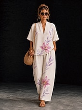 cheap Women's Blouse Suits-Women's Shirt Cotton Linen Sets Pants Sets Short Sleeve V Neck Floral Graphic Geometric Print Vacation Fashion Streetwear Casual Daily Outdoor Yellow Pink Dusty Rose Spring &amp; Summer Loose Fit
