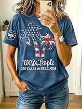  American Independence Day Women's T Shirt Buttons Graphic Flag Plants Vintage Fashion Stylish Short Sleeve Crew Neck Regular Tops Casual Daily Blue Khaki Green Gray Summer Spring
