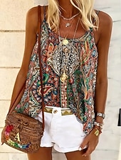 preiswerte Grafiktank-Damen Hemd Bluse Druck Grafik Geometrisch Paisley-Muster Bohemien Vintage Tropisch Ärmellos Träger Normale Oberteile Lässig Täglich Khaki Rote Dunkelgrün Purpur Braun Sommer Frühling