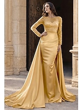 economico Abiti da ballo-Sirena Tromba Lunghezza al pavimento Abito da Sera Elegante Brillare &amp; Splendere Manica Lunga Scollo Illusione Carnevale Mascherata Abito Champagne per la Madre della Sposa Raso Con Paillettes con