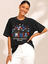 abordables Tops del Día de San Valentín-Día de la Independencia de Estados Unidos, mujer, 100% algodón, bordado, estilo vintage, elegante, manga corta, cuello redondo, tops regulares, casual, negro, verano, primavera