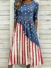  Dia da Independência Americana Mulheres Vestido midi Vestido de turno Férias Festa Casual Diário Vestido de verão vestido de primavera Normal Bandeira americana Estrelas e listras Manga Longa Gola