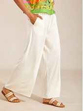 abordables Pantalons-pantalon large en satin blanc soyeux à taille élastique