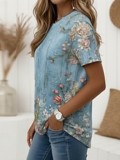  Mujer Camiseta Estampado Ombre Floral Graphic Elegante Clásico Casual Manga Corta Cuello Barco Escote Redondo Tops regulares Casual Diario Azul Piscina Blanco / azul Blanco Verano Primavera Otoño