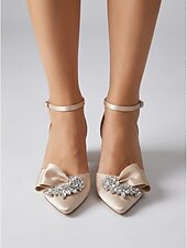 cheap Mother of Bride/Groom-Women's Sophisticated Navy Blue Satin Block Heel Shoes with Bow and Crystal Brooch for Mother of the Bride