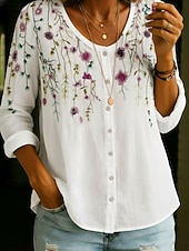 cheap Floral Blouses-Women's Shirt Buttons Print Floral Graphic Vintage Daily Stylish Long Sleeve V Neck Regular Tops Casual Daily Blue Black White Yellow Pink Summer Spring