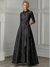 billige Gulvlengde-A-linje Gulvlengde Skjortekjole Formell kjole Aftenkjole Kjole til brudens mor 3/4 ermer Skjortekrage Elegant Minimalistisk Formell Bryllupsgjest Semi-formelt Jacquard med Belte / bånd