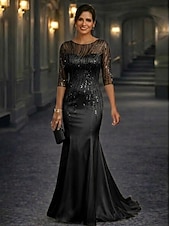 preiswerte Meerjungfrau Abendkleider-Meerjungfrauenschnitt Bodenlang Abendkleid Festliche Kleidung Elegant Glitzern Blumen Halbarm Rundhalsausschnitt Hochzeit Formell Tüll Stretch Satin mit Paillette Perlenbestickt