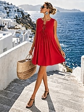cheap Plain Dress-Womens Vintage Vacation Lace Up Plain Pleated Sleeveless Cotton Dress Blue White Yellow Red Summer
