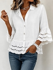 economico Bluse Semplici-Per donna Blusa Bottoni Bordo in pizzo Tinta unica Elegante Vacanza Casual Manica 3/4 Colletto a Camicia Top Regolari Quotidiano Blu Bianco Estate Primavera Autunno