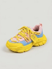 baratos Ténis de mulher-Tênis chunky feminino - tênis plataforma modernos em blocos de cores rosa, amarelo e azul para streetwear e festas casuais. &amp;roupas de clube hip hop