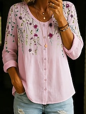 cheap Floral Blouses-Women's Shirt Buttons Print Floral Graphic Vintage Daily Stylish Long Sleeve V Neck Regular Tops Casual Daily Blue Black White Yellow Pink Summer Spring