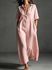 cheap Dresses-Women's Maxi long Dress Linen Dresses Elegant Vacation Loose Fit Plain Short Sleeve Shirt Collar Summer