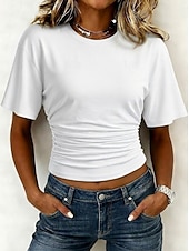 abordables Camiseta lisa-Mujer Camiseta Camiseta superior Frunce Color sólido Plano Vintage Moda Elegante Sin Mangas Manga Corta Cuello Barco Tops cortos Casual Diario Noche Azul Piscina Negro Blanco Rosa Gris Verano