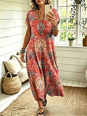  Women's Midi Dress Shift Dress Casual Regular Fit Graphic Geometric Abstract Short Sleeve V Neck Blue Orange Summer Spring
