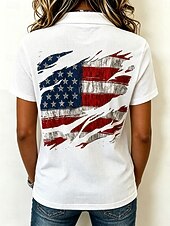  Jour de l'Indépendance Américaine Femmes Tee-shirt Gaufre Tops tricotés texturés Graphique Drapeau Américain Élégant ancien Classique Manche Courte Col Polo Hauts Réguliers Occasionnel Quotidien