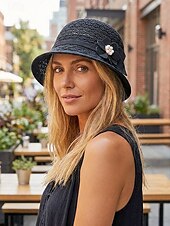 baratos Chapéus Femininos-Chapéu bucket feminino dobrável em poliéster respirável – chapéu de sol de verão com flor decorativa e pérola, multicolorido, elegante para uso externo, jardim, praia e férias.