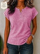 abordables Camiseta lisa-Mujer Algodón lavado 100% Algodón Henley Shirt Bolsillo Color sólido Vintage Elegante Manga Corta Manga Murciélago Tops regulares Casual Verano Azul Piscina Verde Claro Rosa Verano Primavera