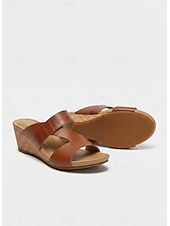 cheap Slide Sandals-Women's Brown Cork Wedge Sandals - Open-Toe Slip-On Summer Slides with Croc-Embossed Straps for Casual &amp; Summer Wear