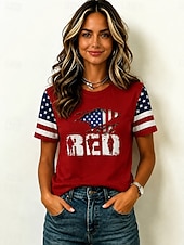  American Independence Day Women's T Shirt Print Graphic American Flag Vintage Fashion Casual Short Sleeve Crew Neck Regular Tops Casual Daily Weekend Maroon White Red Summer Spring