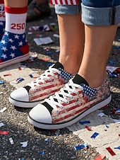  Damskie, vintage'owe, płócienne trampki z motywem amerykańskiej flagi – codzienne, sznurowane, patriotyczne buty do chodzenia z kwiatowym nadrukiem, idealne na Dzień Niepodległości i paradę &święto