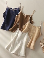  Per donna Gilet in cotone e lino Ricamato Tinta unica Semplice Vintage Senza Maniche Scollo Tondo Top corti Marrone caffè Colore naturale di canapa Blu marino Albicocca Estate Primavera