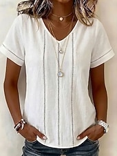 cheap Plain Blouses-Women's Blouse Lace Trim Solid Color Vintage Stylish Basic Short Sleeve V Neck Regular Tops Casual Daily Blue White Pink Summer Spring