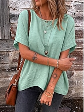 cheap Plain tee-Women's Tee Top Solid Color Vintage Stylish Casual Short Sleeve Boat Neck Regular Tops Daily Going out Vacation Wear Khaki Navy Blue Olive Mint Green Dark Green Summer Spring