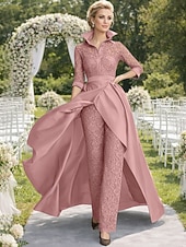 ieftine Salopetele mamei-Pantaloni Lungime Podea Rochie Mama Miresei Lungime Manșon 3/4 Guler Cămașă Epocă Petrecere Oficial Invitat la nunta Seară Formală Satin Dantelă cu Ruching