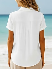  Women's Cotton Linen Shirts T Shirt Buttons Solid Color Bohemia Vintage Short Sleeve Shirt Collar Regular Tops White Green Light Blue Summer Spring