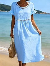 abordables Vestido blanco-Mujer Vestido Midi Vestido de cambio Casual Playa Festivos Ajuste regular Plano Manga Corta Escote en Pico Azul Piscina Blanco Rosa Morado Verano Primavera