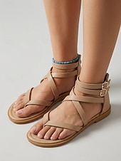 abordables Sandales Gladiateur-Sandales plates beiges à brides pour femmes - sandales gladiateur beiges minimalistes avec boucle à la cheville et fermeture éclair à l'arrière, idéales pour les vacances en plein air et les visites