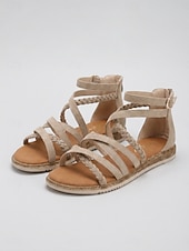 cheap Gladiator Sandals-Women's Almond Gladiator Sandals - Lightweight Braided Multi-Strap Flat Sandals with Back Zipper for Walking, Travel &amp; Casual Wear