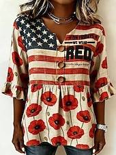 Jour de l'Indépendance Américaine Femmes Chemise Graphique USA Drapeau Américain ancien Élégant manche longue Col en V Hauts Longs Occasionnel Quotidien Fête Bleu Blanche Rouge Rouge / Bleu Ét