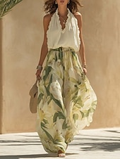 billige Elegante blomsterkjoler-Dame Maxikjole Chiffonkjoler Kjolesett Floral kjole Elegant Mote Moderne Daglig Feriereise Helg Normal Blomstret Ermeløs Grimehals Grønn Sommer Vår