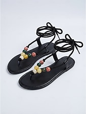abordables Vrouwen-Women's Boho Lace-Up Sandals - Stylish Brown Flat Gladiator Sandals with Colorful Beads &amp; T-Strap for Outdoor Vacations, Tropical Beach Travel &amp; Summer Festivals
