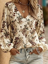 economico Bluse Floreali-Per donna Camicia Stampato Floreale Grafico Bohemien Vacanza Vintage Manica Lunga Manica a Lanterna Scollo a V Top Regolari Casuale Quotidiano Ferie Rosso Cammello Estate Primavera