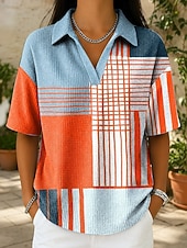 cheap Stripe&amp;Geometric tee-Women's Summer Tops Print Graphic Geometric Elegant Vintage Stylish Short Sleeve Shirt Collar Regular Tops Casual Daily Blue Pink Orange Summer Spring