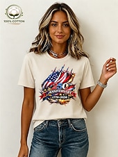 billige Uavhengighetsdag Topp-Amerikansk uavhengighetsdag Dame 100% قطن T skjorte Trykt mønster Grafisk Bokstaver Amerikansk flagg Årgang Stilfull Fritid Kortermet Crew-hals Vanlige topper Avslappet Daglig Helg Blå Svart Hvit