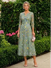 cheap Ankle Length-A-Line Dress Floor Length Tea Length Lace Dress Cocktail Dress Mother of the Bride Dress 3/4 Length Sleeve Crew Neck V Neck Elegant Simple Casual Formal Wedding Guest Semi Formal Lace with Embroidery