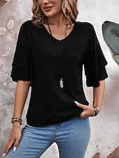 abordables T-shirt uni-Femmes T-shirt Élégant Manche Courte Manche Volants Col en V Hauts Réguliers Occasionnel Noir Blanche Rose Claire bleu marine Chameau Été Printemps