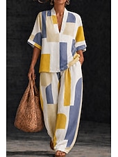 voordelige Blousepakken voor dames-Dames Overhemd Katoenen linnen sets Broeken Sets Korte mouw Halve mouw V-hals Bloemig Grafisch Geometrisch Afdrukken Vakantie Modieus Streetwear Casual Dagelijks Buiten Geel Oranje Lente zomer Ruim