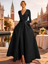 abordables Vestidos de gala-Dos Piezas Mono Hasta el Suelo Desmontable Vestidos de noche Elegante Manga Larga Escote en Pico Boda Invitado a la boda Bolsillo Tejido elástico con Mariposa