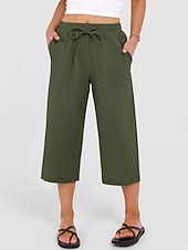 abordables jambe large et taille haute-Femmes Coton Pantalon capri Pantalons à jambes droites Mode Streetwear Occasionnel Longueur mollet Taille haute Uni Avec Poches Ceinture Élastique Confortable Doux Élastique Extérieur Vacances Rue