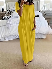 cheap Vacation Dresses-Women's Maxi Dress Casual Dress Elegant Fashion Beach Vacation Sun protection Loose Fit Plain Short Sleeve Boat Neck Yellow Purple Light Grey Summer