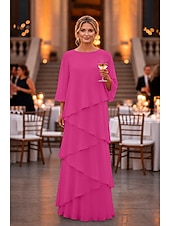 abordables Largo del piso-Funda Columna Hasta el Suelo Vestido Invitada Boda Vestido formal Vestido de noche Vestido de Madrina Manga 3/4 Cuello Barco Elegante Formal Gasa con Volantes