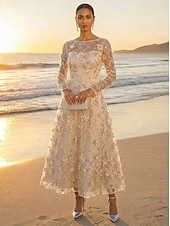 cheap Ankle Length-A-Line Dress Ankle Length Cocktail Dress Wedding Guest Dress Mother of the Bride Dress Long Sleeve V Neck Elegant Luxurious Casual Formal Wedding Guest Kentucky Derby Lace Tulle with 3D Flowers