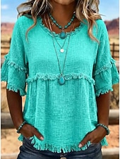  Per donna Camicia Camicia Boho Camicia casual Tinta unica Elegante Bohemien Attivo Manica Corta Top lunghi Casuale Quotidiano Ferie Blu Nero Bianco Rosa Verde Estate Primavera