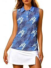 cheap Women's Shirt-Women's Tennis Polo Shirt Pickleball Golf Sleeveless Top Breathable Stretch UPF50+ Summer Outdoor Athletic Shirt Blue Plaid Print Collared Golf Tank Top