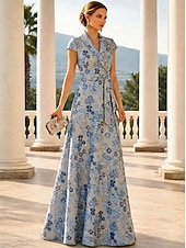economico Lunghezza del pavimento-Linea ad A Lunghezza al pavimento Abito da invitata a nozze Abito Formale Abito da sera Abito da cerimonia per signora Manica Corta Bavero Elegante Vintage Matrimonio Formale Jacquard con